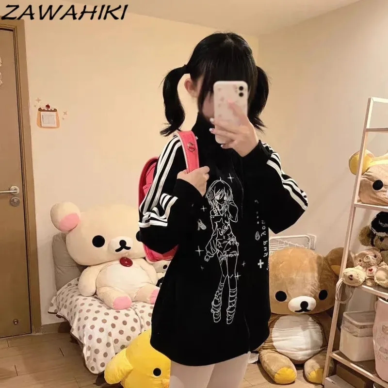 Japanese Hoodies Women Cartoon Print Stand Neck Sweatshirts Preppy Kawaii Top Female Office Lady Casual Fashion Ropa Mujer