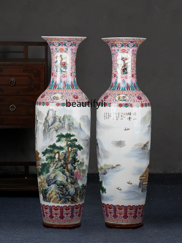 Powder Doped Color Decorated Porcelain Shanshui Floor Vase Home Living Room and Hotel Company Opening Gifts Big Decorations