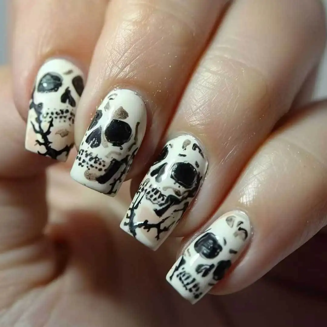 

24PCS False Nails Dark Skull Patterns Halloween Medium Square Press on Nails Full Cover Artificial Wearable Manicure Fake Nails