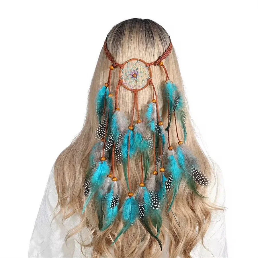 High quality Woman Bohemian Hippie Headband Dream Catcher Feather Headdress Fashion Peacock Feather Headbands Hair Accessories