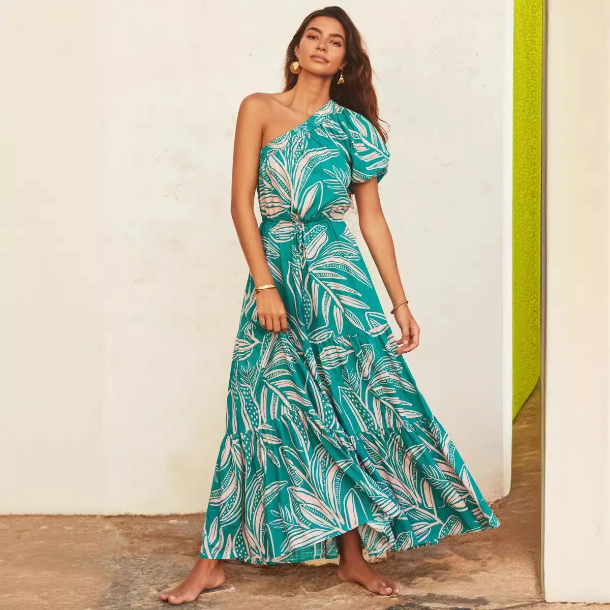 Ele High Waist Floral Print off oulder Summer Dr Women's A-Line Knitted Dr Casual Versatile Sli Chinese Made