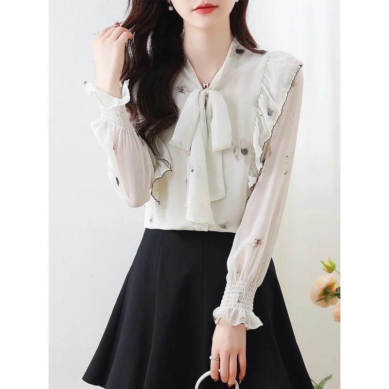 New 2023 Long Sleeve Stylish Chiffon Blouse for Women Ruffled Flower Korean Office Ladies Button Up Shirt Spring Autumn Clothing