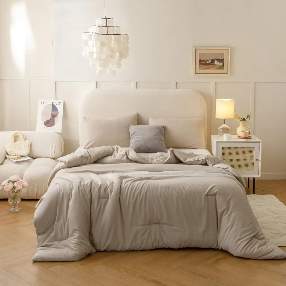 Oversized King Comforter Oatmeal, 3pcs(1 Boho Comforter & 2 Pillowcases), Lightweight Oversized King Size Comforter Set