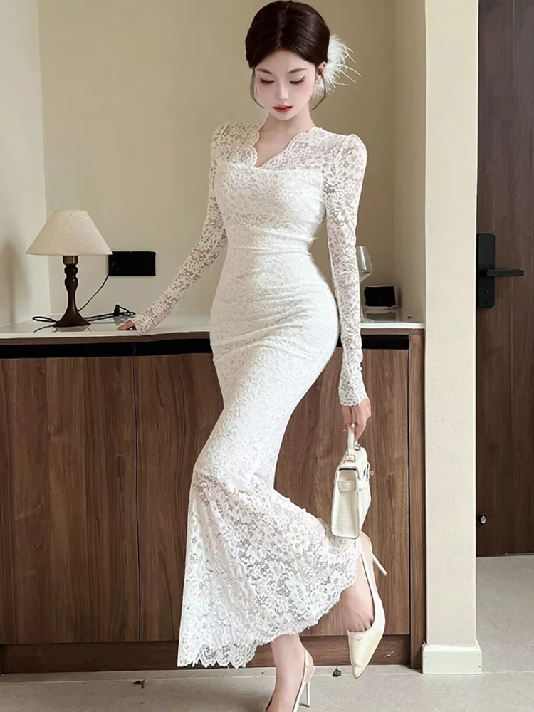 Feminino coreano vintage luxo bodycon vestido longo primavera outono branco renda jacquard vestido 2025 elegante chique babados vestidos de noite