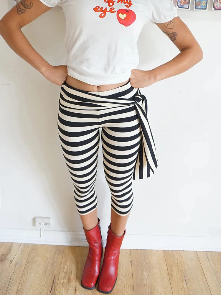JULISSA MO Print Striped High Stretch Bandage Women Pant Black Low Waist Sporty Trousers Female Summer Skinny Casual Streetwear