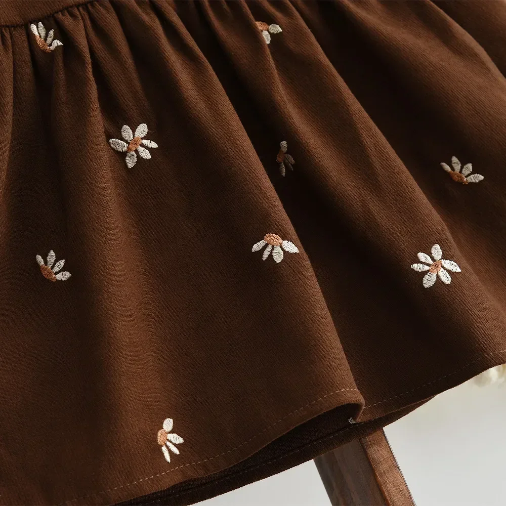 Braunes Schleifenkleid mit langen Ärmeln für Babymädchen, Herbstmode, neue Partykleider für Mädchen, niedlicher Puppenkragen, Freizeitkleidung – Detail 8