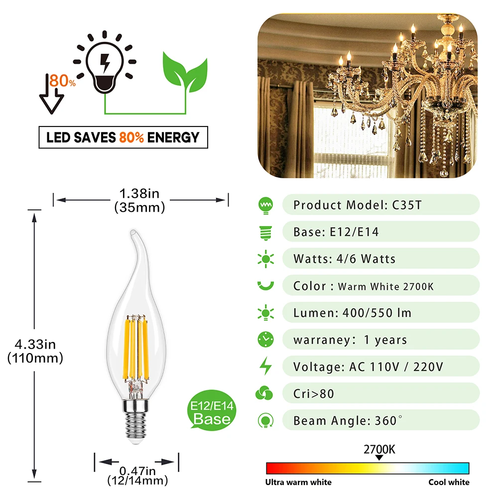 Lâmpada de vidro transparente vela noite, LED filamento ponta Bent para sala de estar luz de teto, lâmpadas substituíveis, C35, E14, E12, 4W, 6W, branco quente