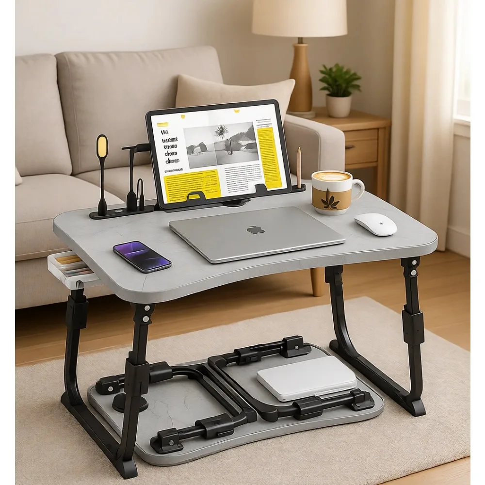 

Регулируемый складной столик для кровати и дивана с выдвижным ящиком, отсеком для планшета и подставкой для чашки, портативный столик для ноутбука для всех возрастов