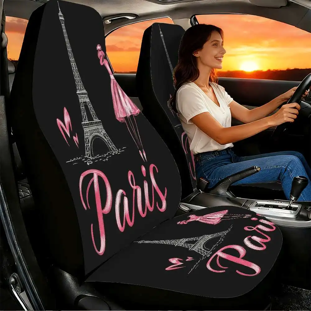 2pcs Paris Eiffel Tower Girl Car Seat Covers Compatible For Women & - Paris-Themed Front Seat High-Back Fit For Cars, SUVs, Truc