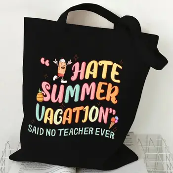 今天星期幾?教師休息日圖案手提包 女士度假風帆布托特包 時尚女士沙灘卡通單肩包 6 最佳銷售 教師手提袋 - №5