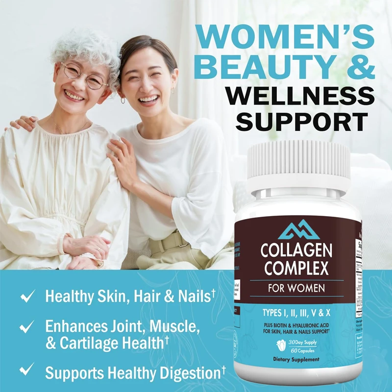 Women's Collagen Capsules I II III V X containing Vitamin C Protein Digestive Enzyme Grape Seeds for Healthy Skin,Hair,and Nails