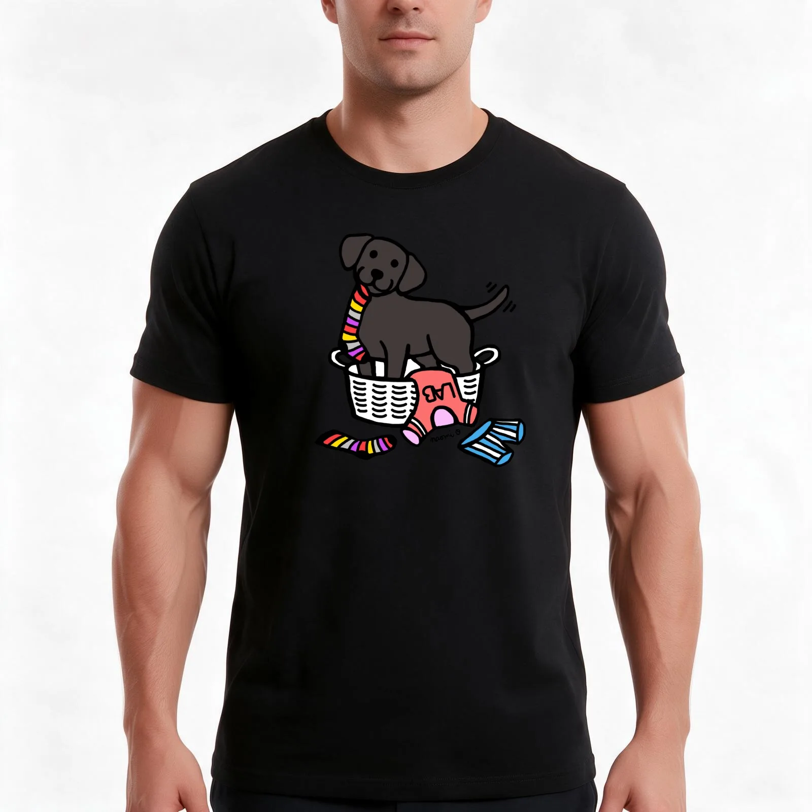 Black Labrador Laundry Basket T-Shirt, Summer Casual Cotton Tee, Oversized Streetwear Tops, Vintage Graphic Print, 100% Cotton