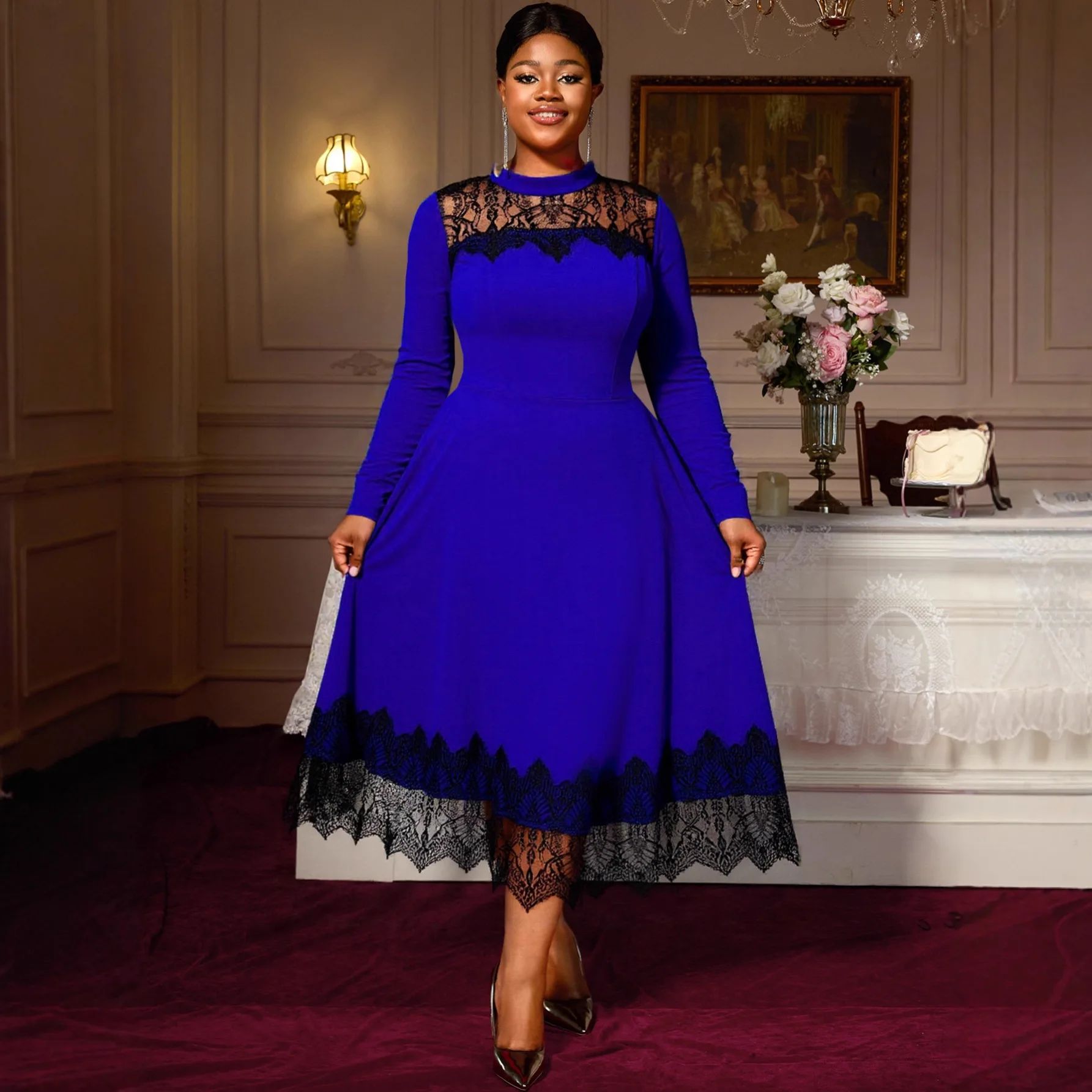 

Женское платье больших размеров с синими кружевными вставками и длинными рукавами, элегантное платье средней длины с завышенной талией, летнее элегантное повседневное платье в стиле Y2K