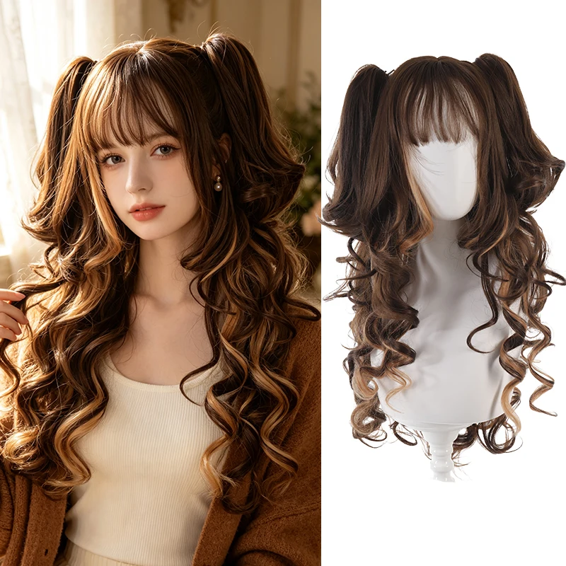 Synthetic 24 Inch Lolita Detachable Claw Clip Double Ponytail Curly Wig Halloween Cosplay Heat Resistant Fiber Hair