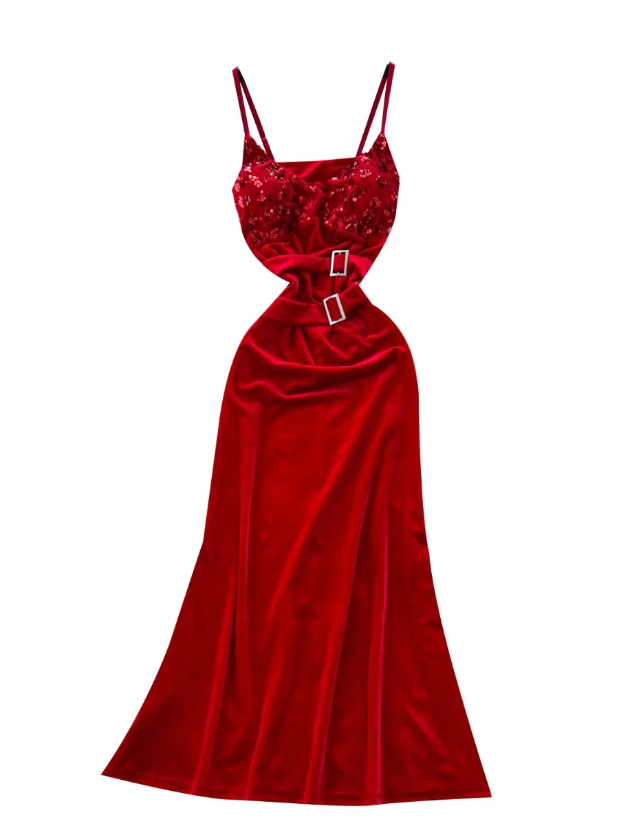 Foamlina francês luxo socialite lantejoulas vestido de veludo feminino 2025 outono cintura fina temperamento elegante longo vestido de festa