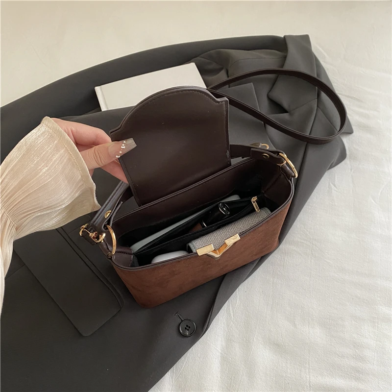 Fashionable Mini Suede Women's Bag, Faux Suede Tote Bag, Hardware Lock Buckle Decoration Handbag Purse Shoulder Cross Body Bags view 4