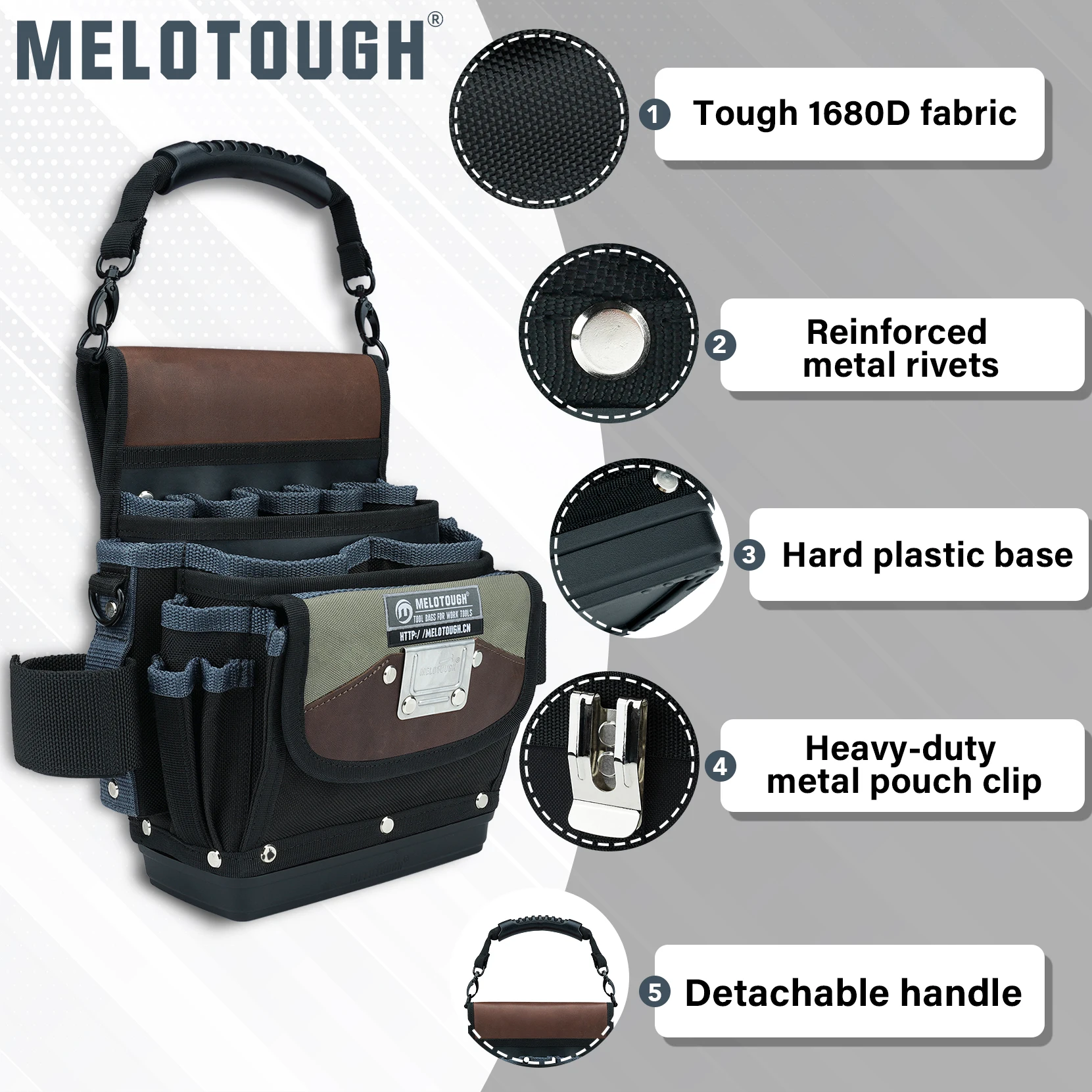 Hard Bottom Tool Pouch with Belt Clip, Open Top Electrician Tool Bag for HVAC Technician Carpenter Plumber Maintenance Service
