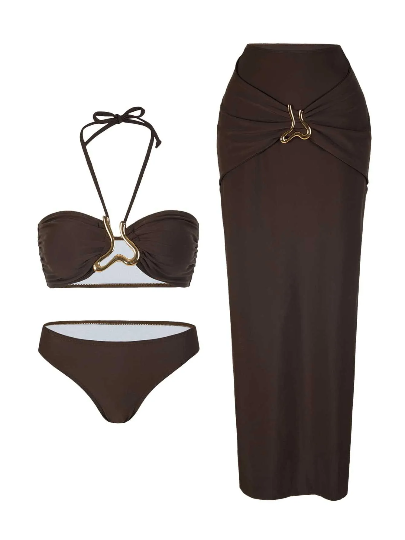 Tankini Woman Bikini Sleeveless Halter Neck Top with Metallic Clasp Detail Ruched Waist High Waisted Maxi Length Wrap Style
