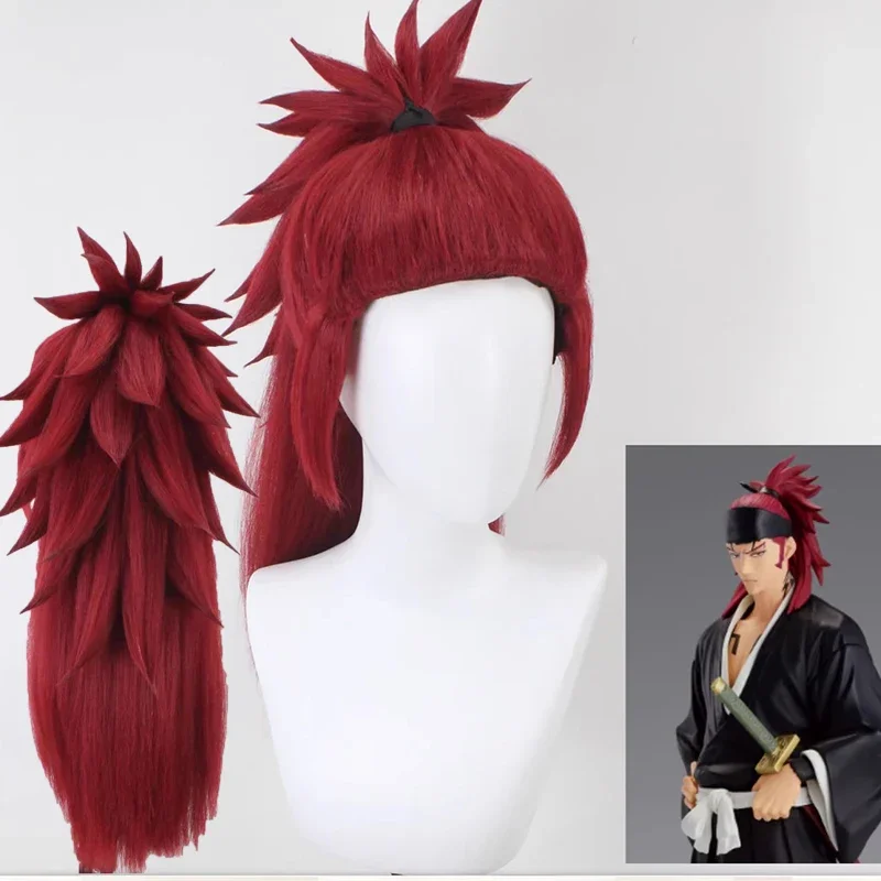 

Anime Bleach Renji Abarai Cosplay Wig Dark Red Long Hair Ponytail Headband Thousand-Year Blood War The Separation 6th Division