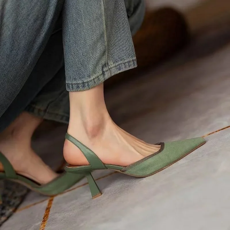 2024 Spring Summer Closed Toe Sandals Women French Slingback Suede Leather Women Shoes Pointed Toe High Heels Green Single Shoes