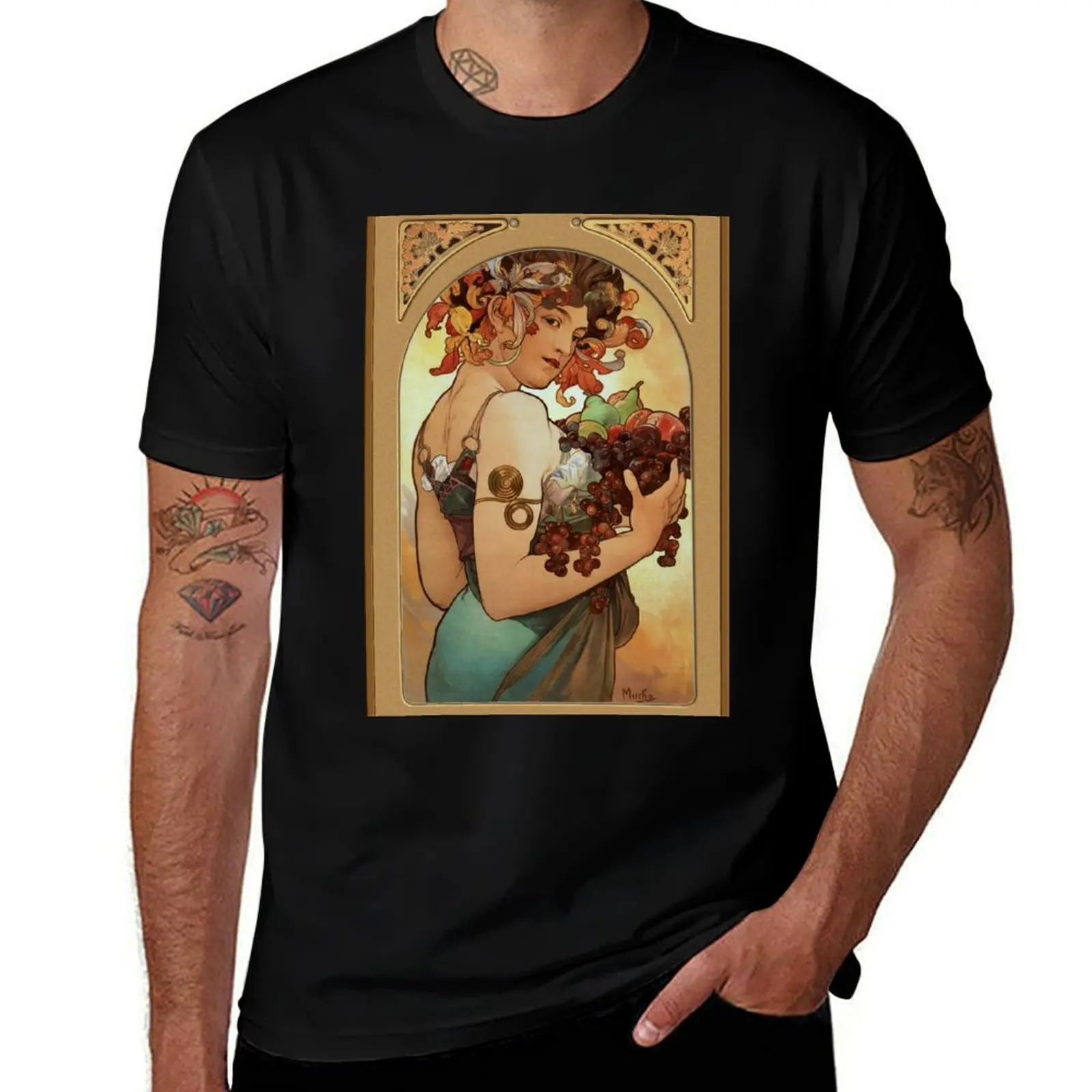 Fruit by Alphonse Mucha Art Nouveau Fantasy Portrait T-Shirt Essential Solid Color T-Shirt