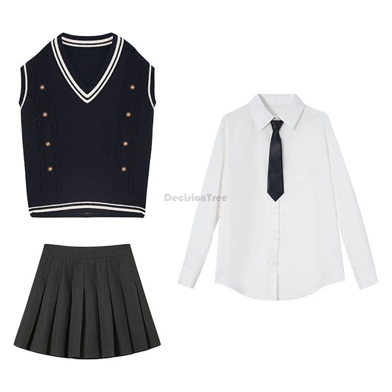 2024 new improved korea style preppy fashion knit waistcoat long sleeve shirt pleated short skirt three-piece suit woman b109