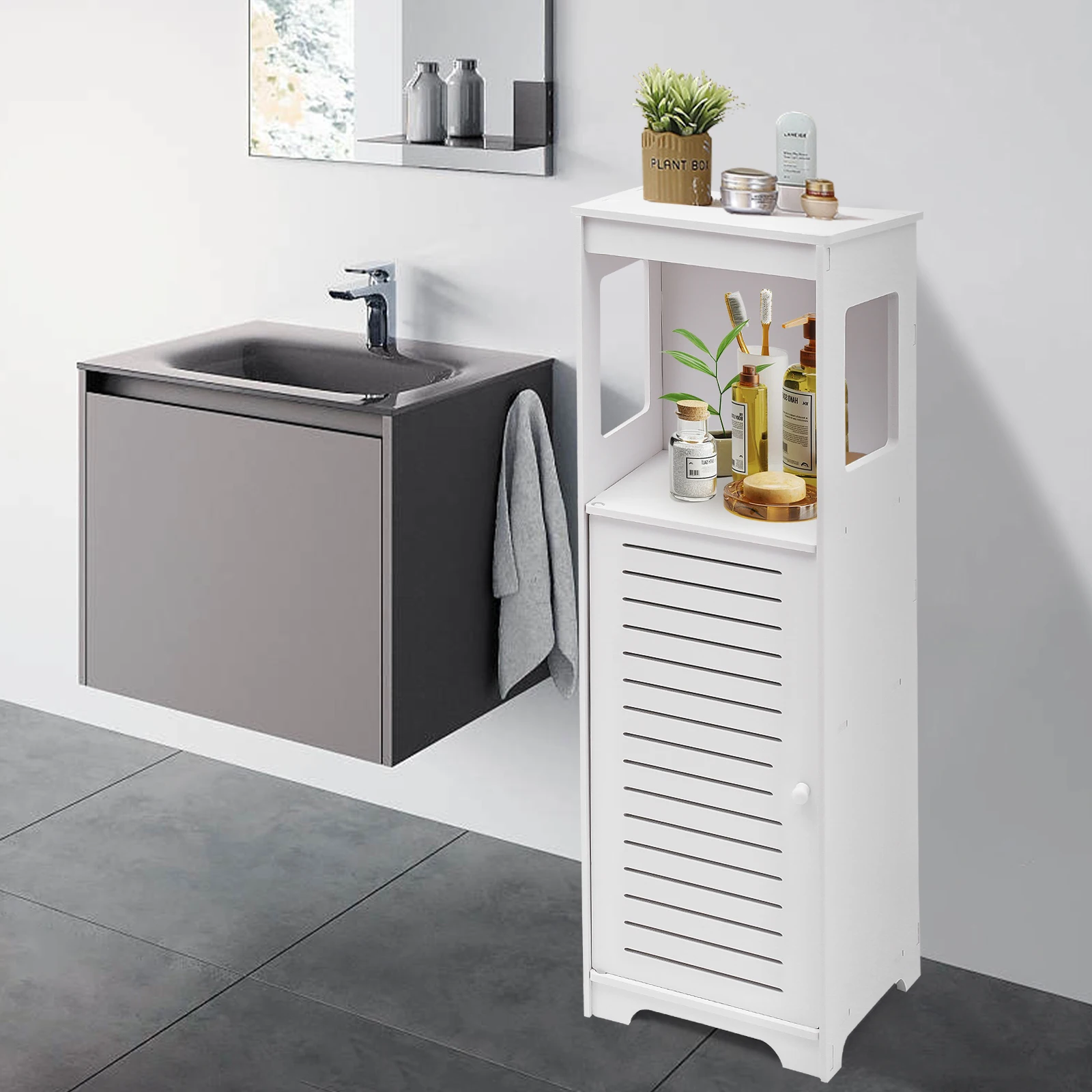 Bathroom Floor Cabinet Free Standing Slim Bathroom Cabinet With Paper Towel Drawer & Cupboard Storage Organizer Home Furniture