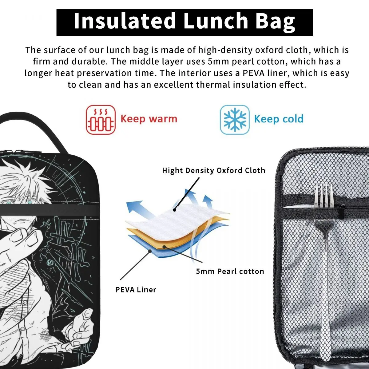 JJK Anime Gojo Satoru Insulated Lunch Bag Thermal Meal Container High Capacity Tote Lunch Box Food Storage Bags College Outdoor