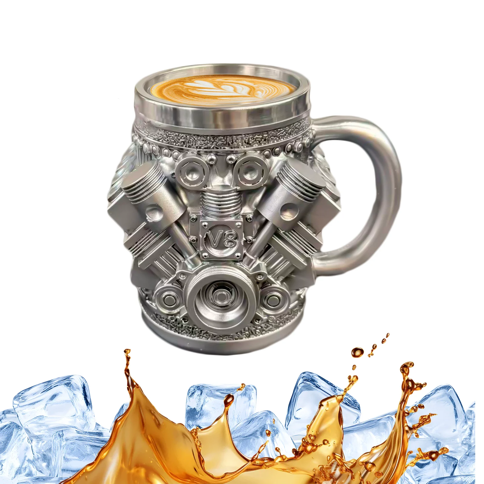 

Engine-themed coffee mug, a retro-styled, realistic V8engine stainless steel mug, a personalized double-walledinsulated car mug