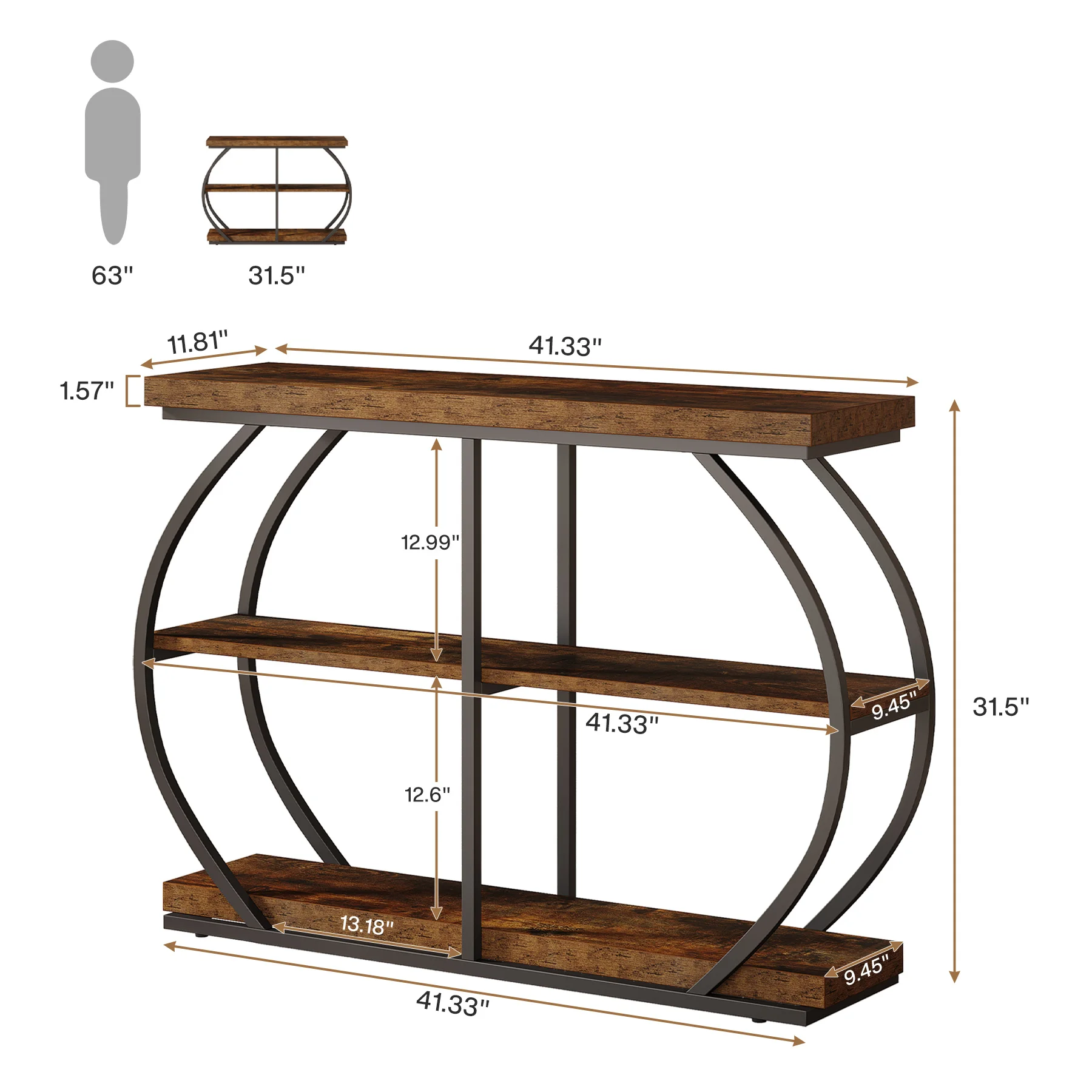 Tribesigns 41.3" Console Table, Industrial 3-Tier Entryway Table with Arched Metal Frame and Storage Shelves for Living Room view 3