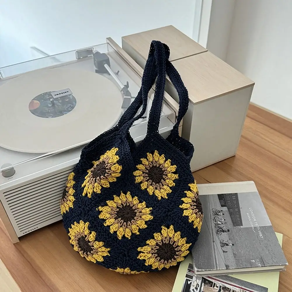 

Fashion Floral Crochet Knit Bag Handmade Leisure Boho Shoulder Bag Casual Large Capacity Women's Tote Bag Travel
