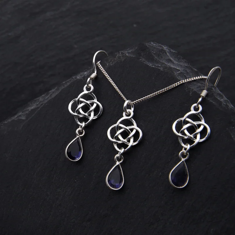 Celtic Iolite Jewelry Set Sterling Silver Water Sapphire Necklace Viking Earrings. Gemstone September Birthstone Jewelry