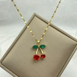 Gold Plated Stainless Steel Necklaces With Zircons Red Cherry Pendant Necklace New IN Fashion Jewerly Accessories