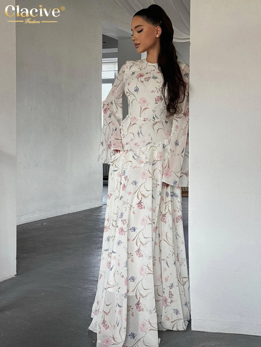 Clacive Modisches Loses Bedrucktes Damenkleid 2026 Herbst O-Ausschnitt Langarm Maxikleid Elegantes Klassisches Damenkleid Streetwear