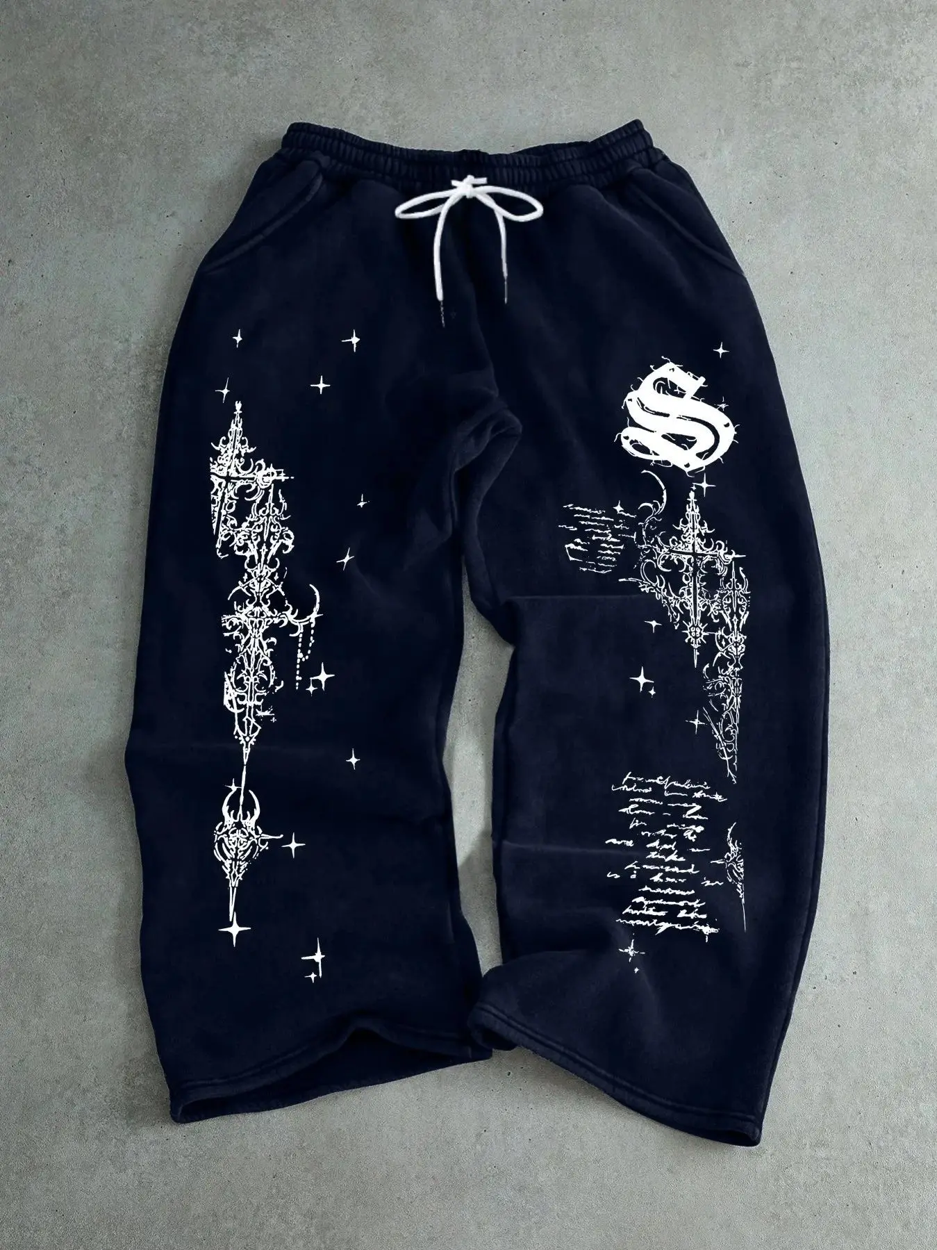 Men's Gothic-style Pattern Wide-leg Sports Pants, Loose and Straight Fit, Y2K Style Dark Punk Streetwear Casual Pants