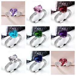 2025 Colorful Heart Cubic Zirconia Rings for Women White/Pink/Green/Blue Luxury Wedding Engagement Bands Eternity Love Jewelry