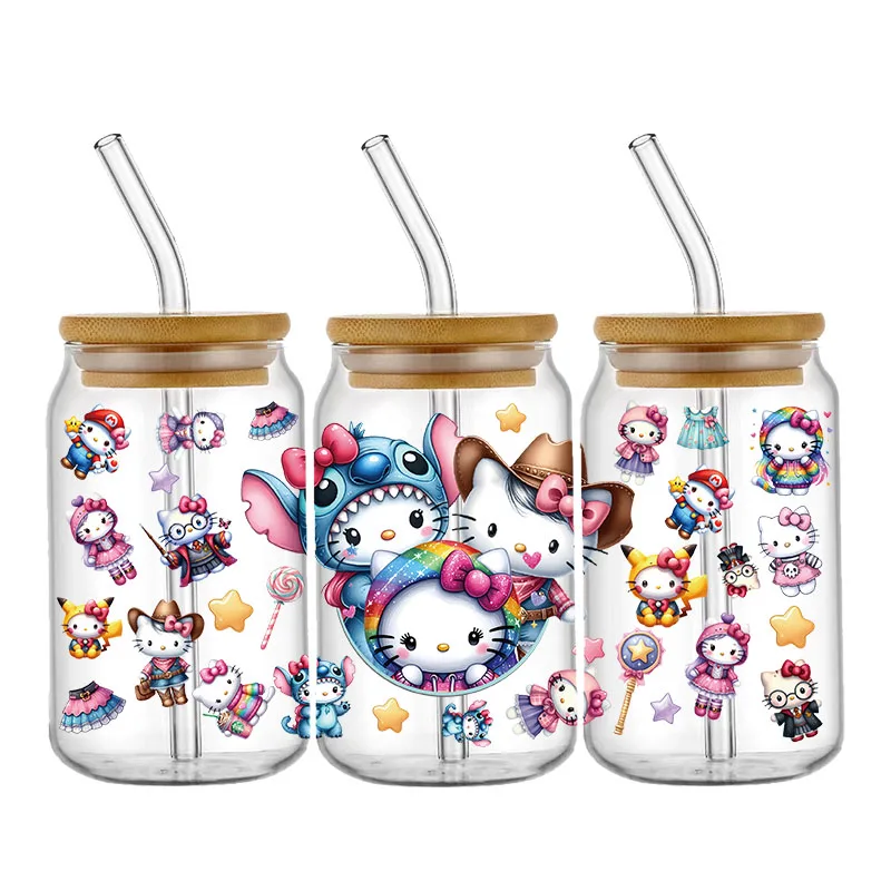 Sanrio Hello Kitty Stitch dengan teman untuk Libbey 16oz dapat kaca 3D tahan air UV DTF kopi dapat membungkus Libbey kaca bungkus