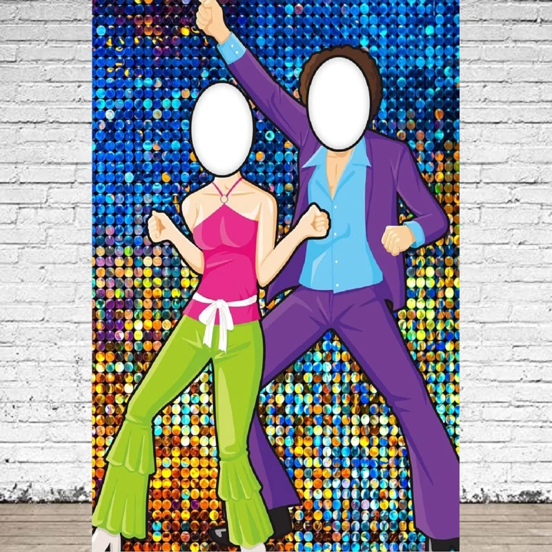 70s 80s Disco Face Cutout Banner Door Photography Backdrop Retro Disco Ball Theme Photo Pretend To Play Games Party Background