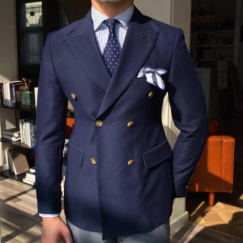 Blazer d'affaires à carreaux bleu marine et blanc pour hommes, veste décontractée à revers Patricia, manteau formel pour Rhde promo, mariage, mode masculine