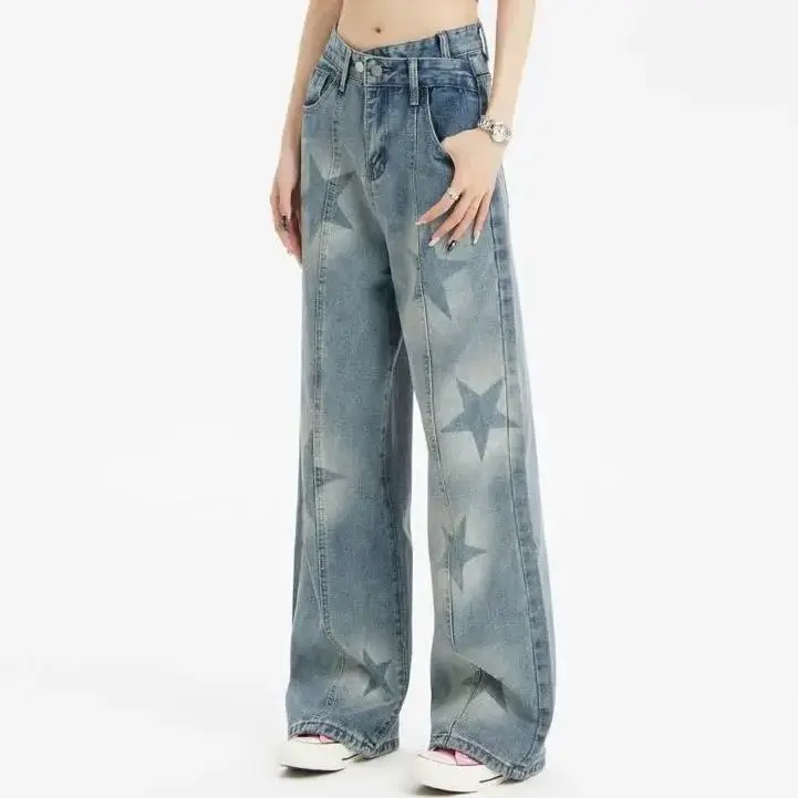Jeans de perna larga cintura alta para mulheres, calças jeans femininas, calças largas, estampa estrela, azul vintage, moda americana Streetwear