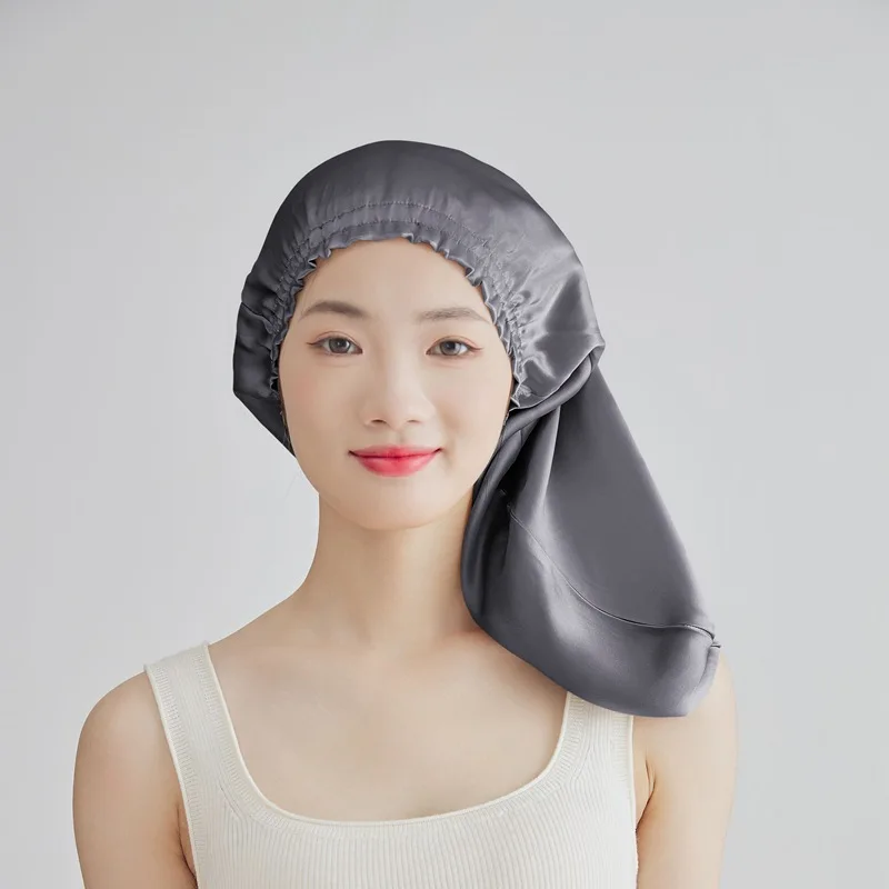 100% Mulberry Silk Sleep Cap, 16 Momme Mulberry Silk, Grey-Toned Long Hair Bonnet, Hair Care Sleep Cap, Home Hair Care Bonnet