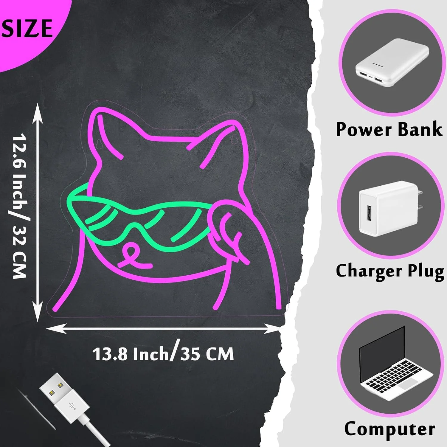 Cool Cat Neon Sign LED Wall Art USB Powered Bedroom Living Room Kids Playroom Pet Lover Gaming Corner Aesthetic Decoration