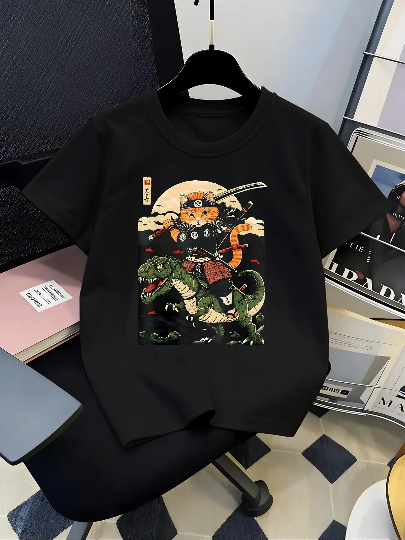 Samurai-Katze auf Dinosaurier reitet – Grafisches Familien-Matching-T-Shirt für Jungen und Mädchen, kurzärmelige T-Shirts, Eltern-Kind-Set, weiche Sommer-Alltagskleidung
