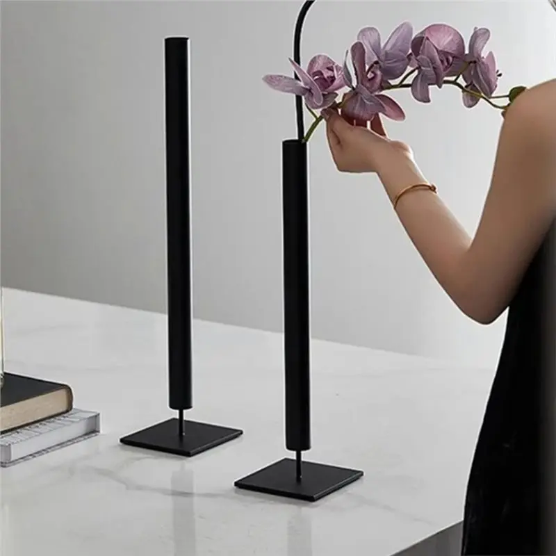 BHBD-Modern Decorative Black Metal Single Stem Vase Set, Tall Slim Flower Vases, Set Of 2, Living Room Table Decor