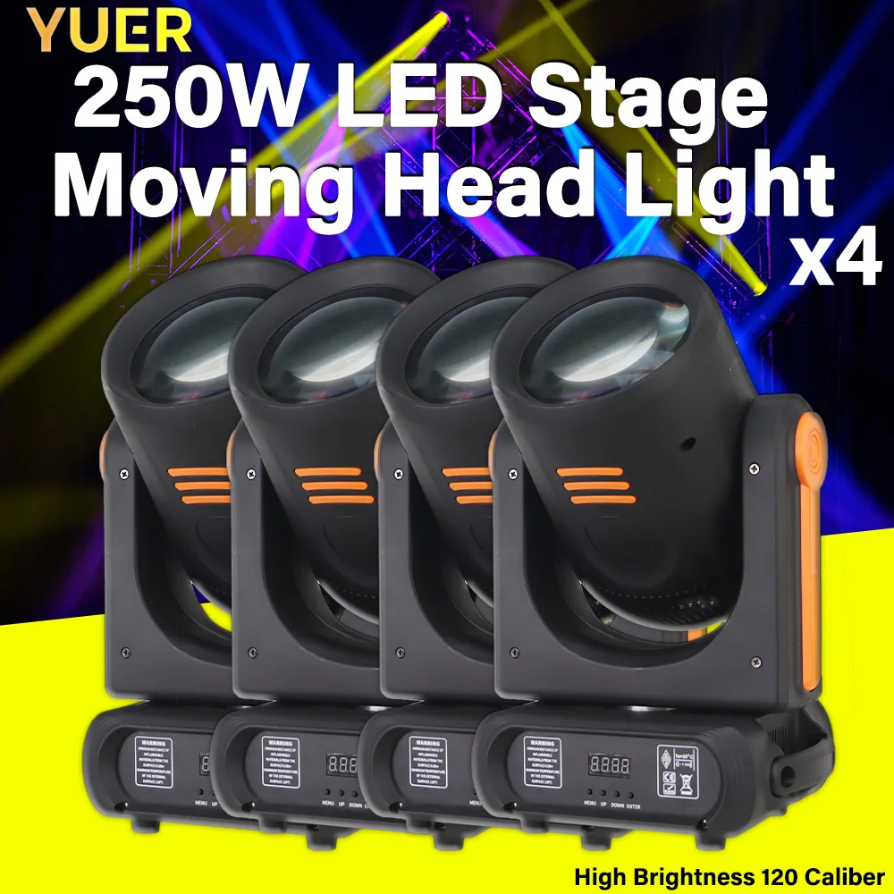 YUER 4PCS 200W LED Moving Head Lights 250W Consumption DMX Control 12 Channel Mode IP20 Indoor Stage Performances Concerts DJ