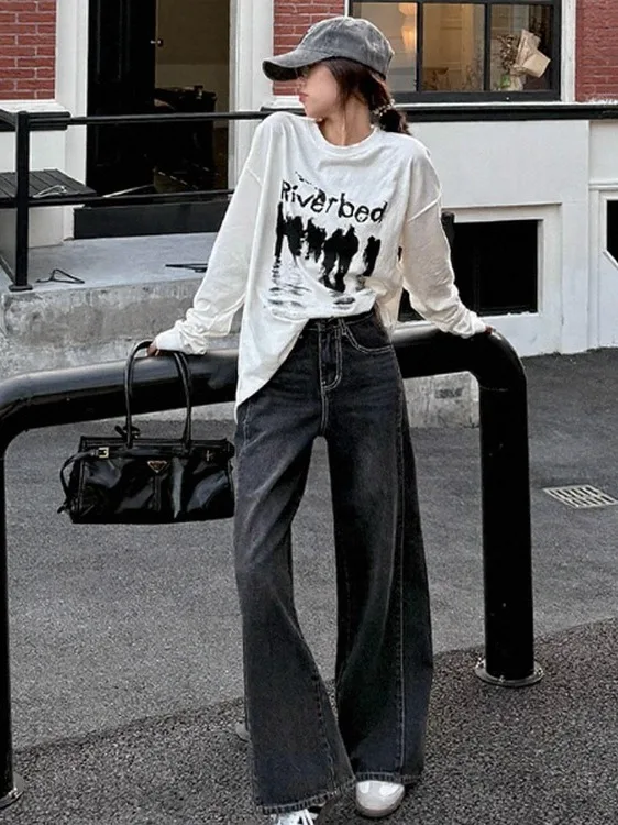 

High Waist Loose Wide Leg Jeans Women's Pure Color Casual Trousers Fall New Sle Comfortable Slimming Floor-Length Pants