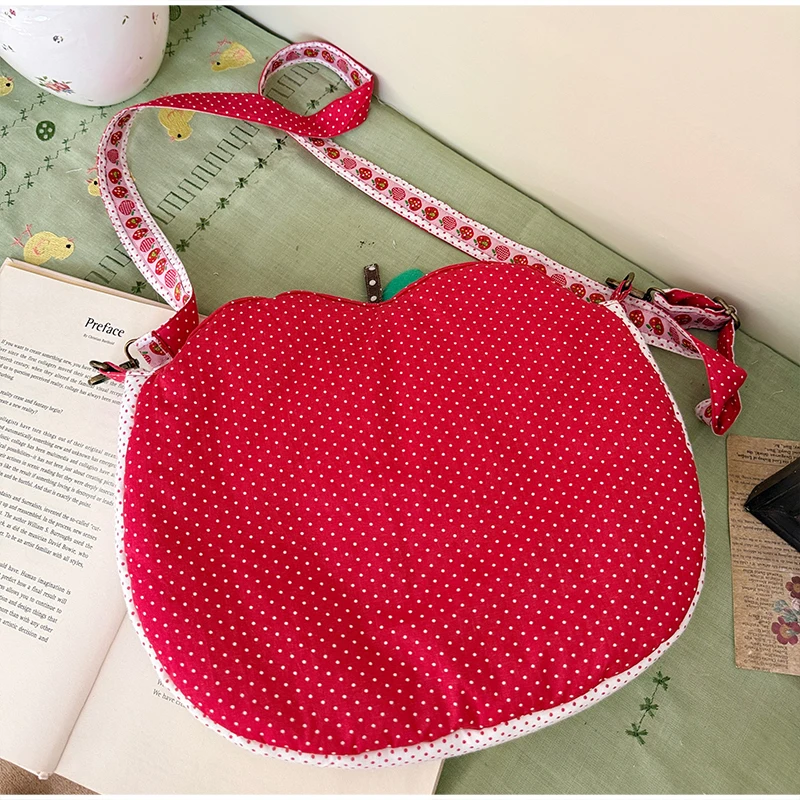 Patchwork-Stoff-Umhängetasche, Apfelförmige Handtasche mit Blumen- und Punktmuster für Damen, Mädchen, Studenten, Cottagecore, süße Handtasche – Detail 17
