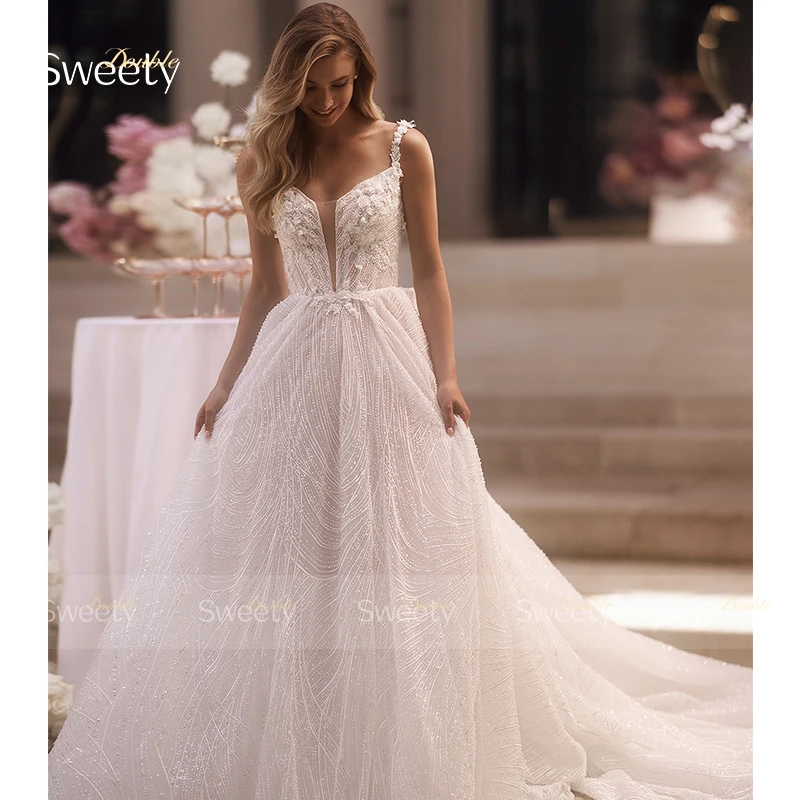 Glitter Wedding Dress Organza With Embroidery Sequins A-Line Ball Gown Square Collar Bridedress Zipper Customized Robe De Mariee