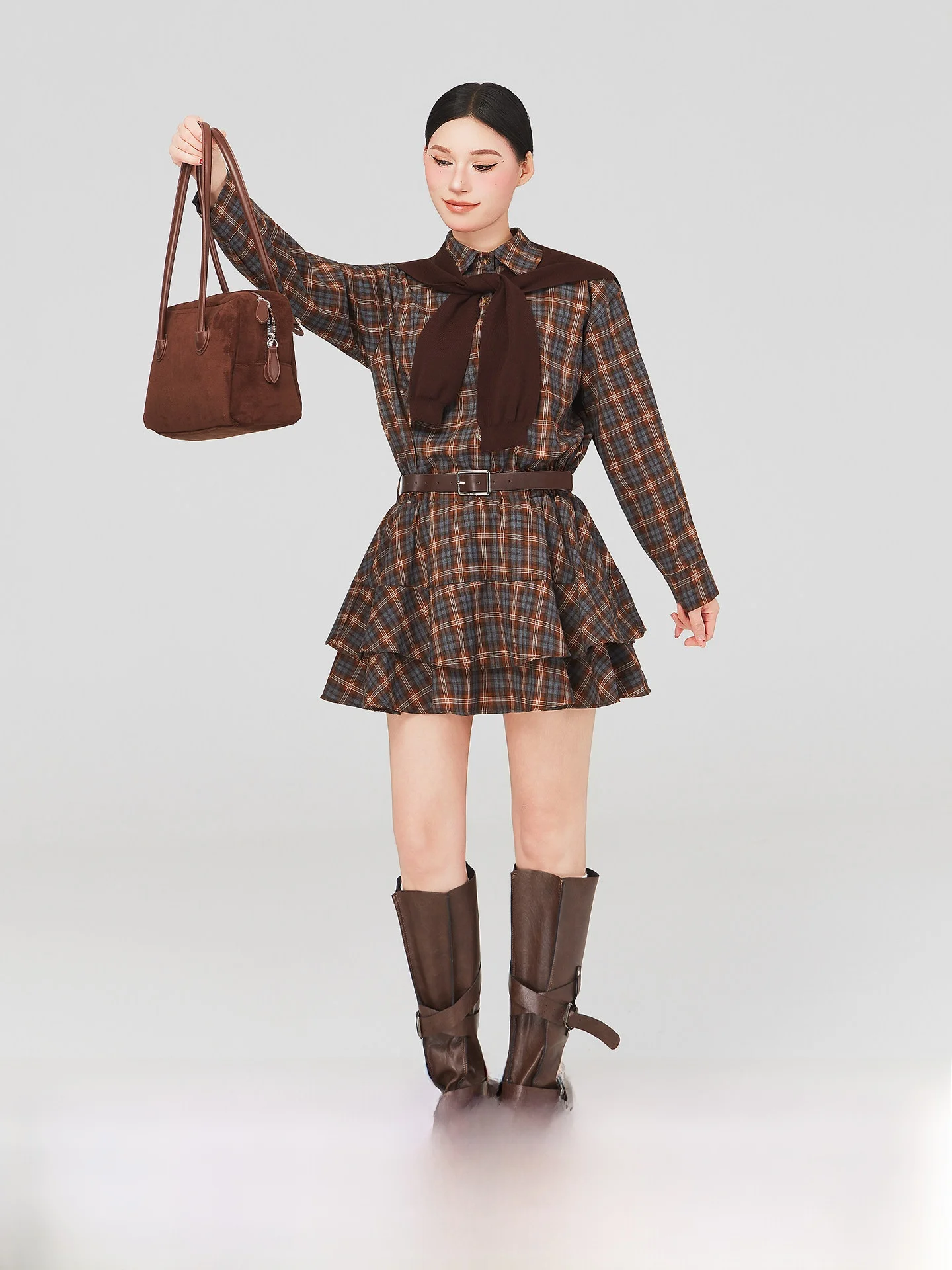 

Spring Early Beautiful ort Dr Large Size Slimming A-Line Korean Sle Long Sve Waist-Cinching College Sle Wrap arou...