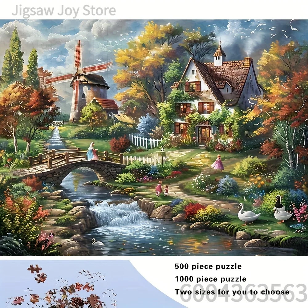 500-2000PCS Windmill Countryside,Winter Snow Village,Blue Fairy House with Golden Retriever,Santorini Greece Landscape Gift